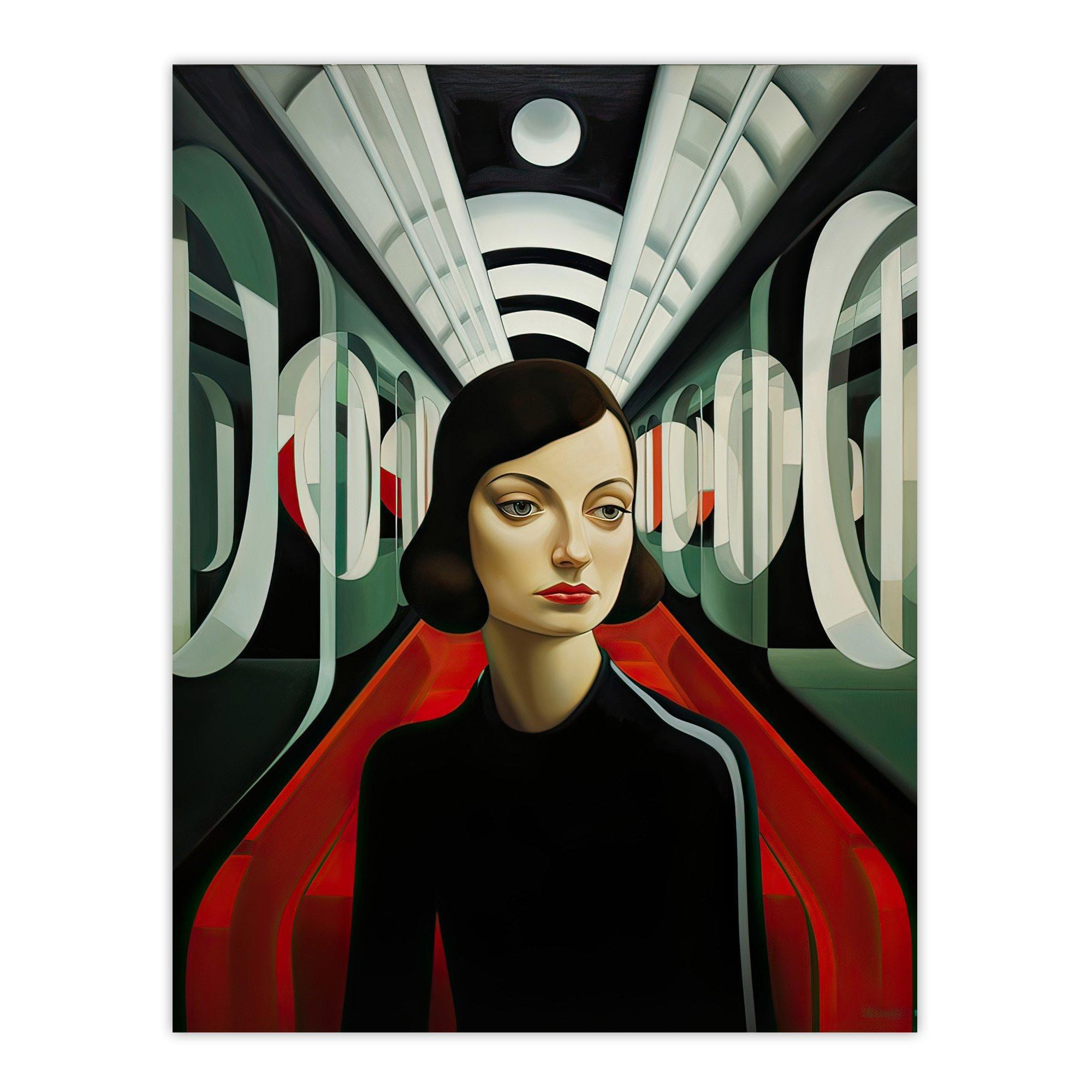 Futuristic Train Ride Oil Painting Black Red Green Modern Art Deco Woman Portrait Unframed Wall Art Print Poster Home Decor Premium - image 1