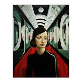 Futuristic Train Ride Oil Painting Black Red Green Modern Art Deco Woman Portrait Unframed Wall Art Print Poster Home Decor Premium - thumbnail 1