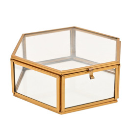 Hexagon Glass Trinket Box with Hinged Lid and Gold Edges