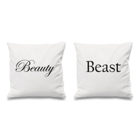 "Beauty and Beast White Cushion Covers 16"" x 16"" Couples Cushions Valentines Wedding Anniversary Bedroom Decorative Cushi"