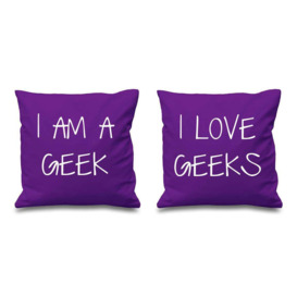 "I Am A Geek I Love Geeks Purple Cushion Covers 16"" x 16"" Couples Cushions Valentines Wedding Anniversary Bedroom Decorat"