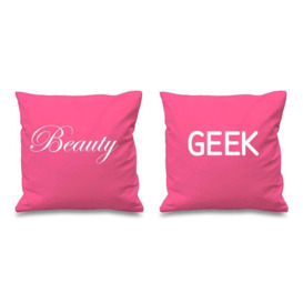 "Beauty and Geek Pink Cushion Covers 16"" x 16"" Couples Cushions Valentines Anniversary Boyfriend Girlfriend Bedroom Decor"