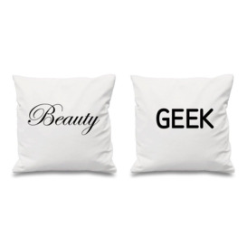 "Beauty and Geek White Cushion Covers 16"" x 16"" Couples Cushions Valentines Anniversary Boyfriend Girlfriend Bedroom Deco"