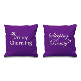 "Prince Charming Sleeping Beauty Purple Cushion Covers 16"" x 16"" Couples Cushions Valentines Anniversary Boyfriend Girlfr"