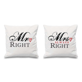 "Mr Right Mrs Always Right White Cushion Covers 16"" x 16"" Couples Cushions Valentines Wedding Anniversary Bedroom Decorat"