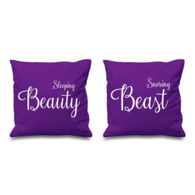 "Sleeping Beauty Snoring Beast Purple Cushion Covers 16"" x 16"" Couples Cushions Valentines Anniversary Boyfriend"
