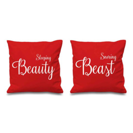 "Sleeping Beauty Snoring Beast Red Cushion Covers 16"" x 16"" Couples Cushions Valentines Anniversary Boyfriend"