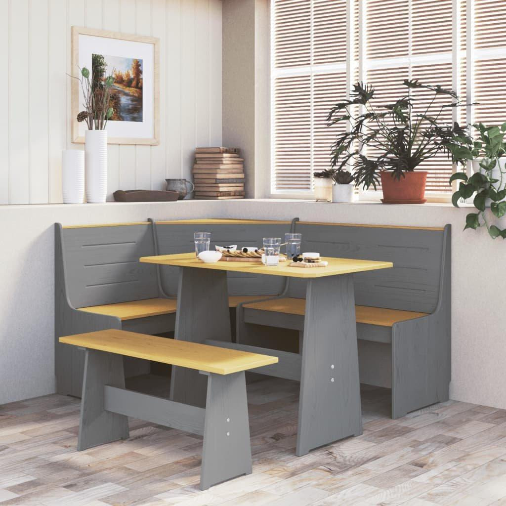 Dining Table with Bench Honey Brown and Grey Solid Pinewood - image 1