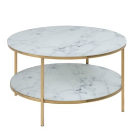 Alisma Round Coffee Table with Marble Effect Glass Top & Gold Legs - thumbnail 1