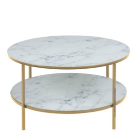 Alisma Round Coffee Table with Marble Effect Glass Top & Gold Legs - thumbnail 2