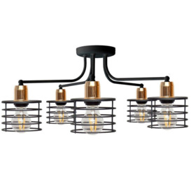 Edison Multi Arm Semi Flush Ceiling Light Black Copper 65cm