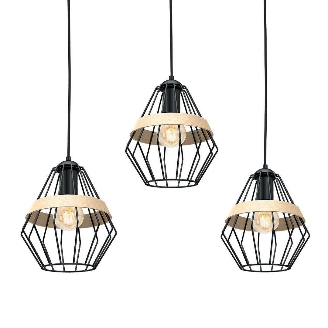 Cliff Triple Pendant Lamp Hand Made Matt Black Natural Wood Cage Style - image 1