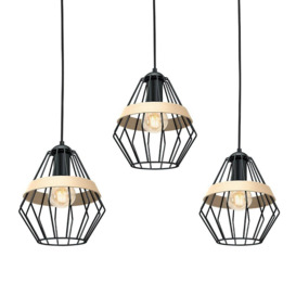 Cliff Triple Pendant Lamp Hand Made Matt Black Natural Wood Cage Style