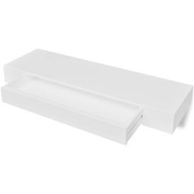 White MDF Floating Wall Display Shelf 1 Drawer Book/DVD Storage - thumbnail 2