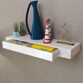 White MDF Floating Wall Display Shelf 1 Drawer Book/DVD Storage - thumbnail 1