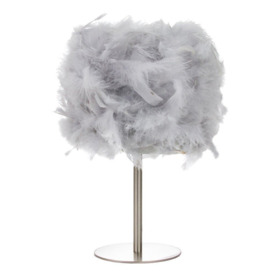 Modern and Chic Real Feather Table Lamp with Satin Nickel Base and Switch