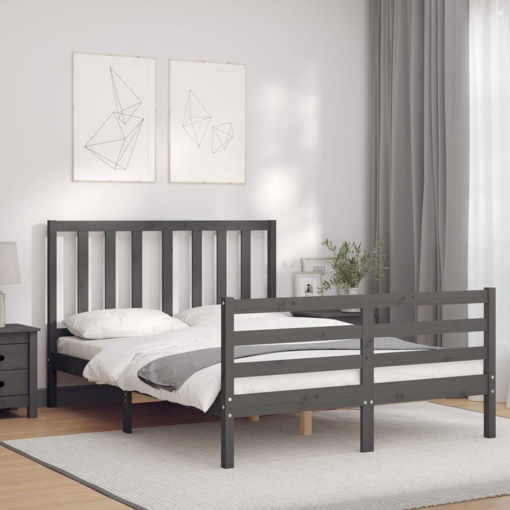Bed Frame with Headboard Grey Double Solid Wood - image 1
