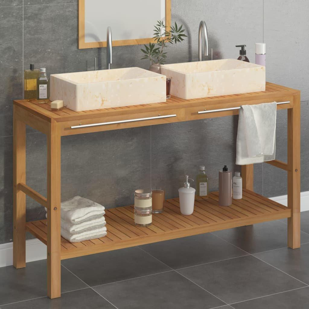Bathroom Vanity Cabinet Solid Teak with Sinks Marble Cream - image 1