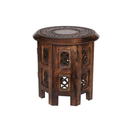 Antique Effect Round Carved Wooden Bedside End Table 30 x 30 x 30 cm - thumbnail 2