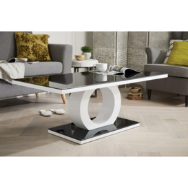 Giovani Rectangular White High Gloss Coffee Table with Glass Top and Unique Halo Structural Plinth Base Design