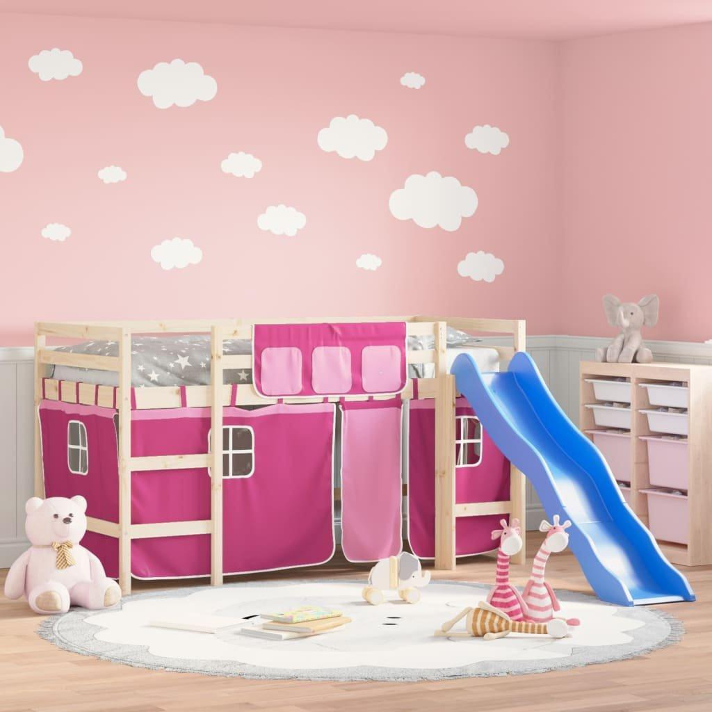 Kids' Loft Bed with Curtains Pink 90x190 cm Solid Wood Pine - image 1