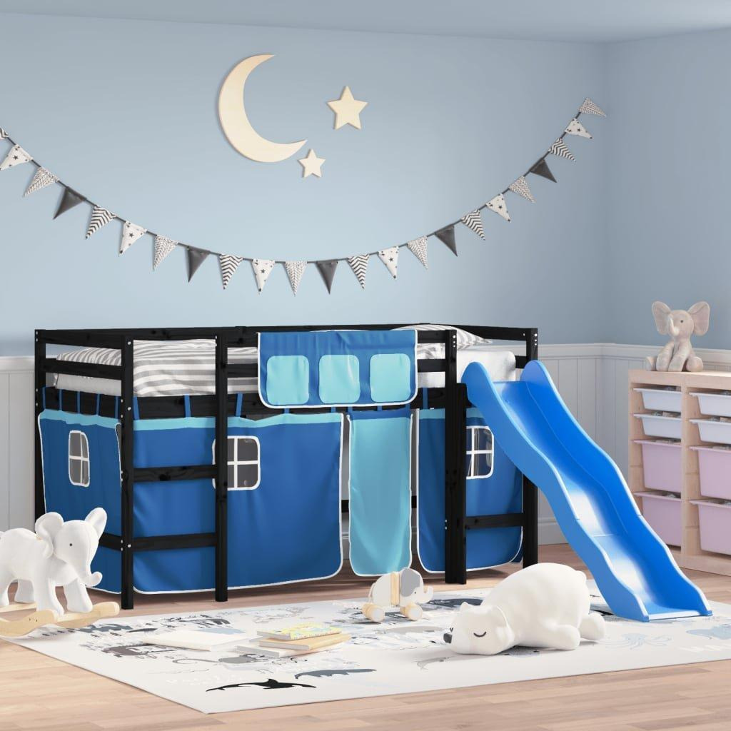 Kids' Loft Bed with Curtains Blue 80x200 cm Solid Wood Pine - image 1