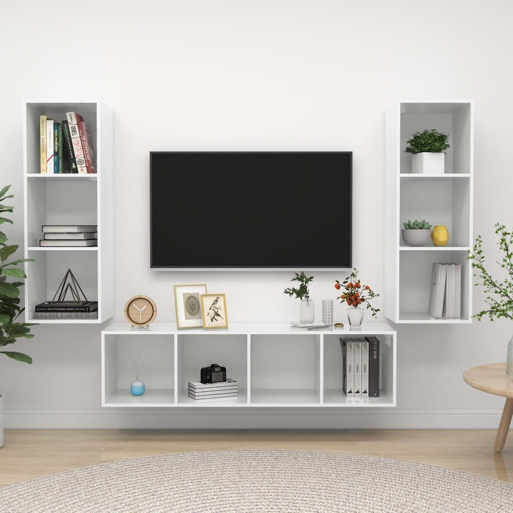 3 Piece TV Cabinet Set High Gloss White Engineered Wood - image 1