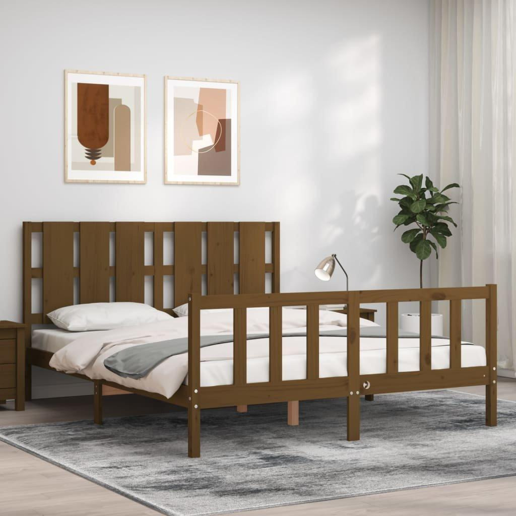 Bed Frame with Headboard Honey Brown King Size Solid Wood - image 1