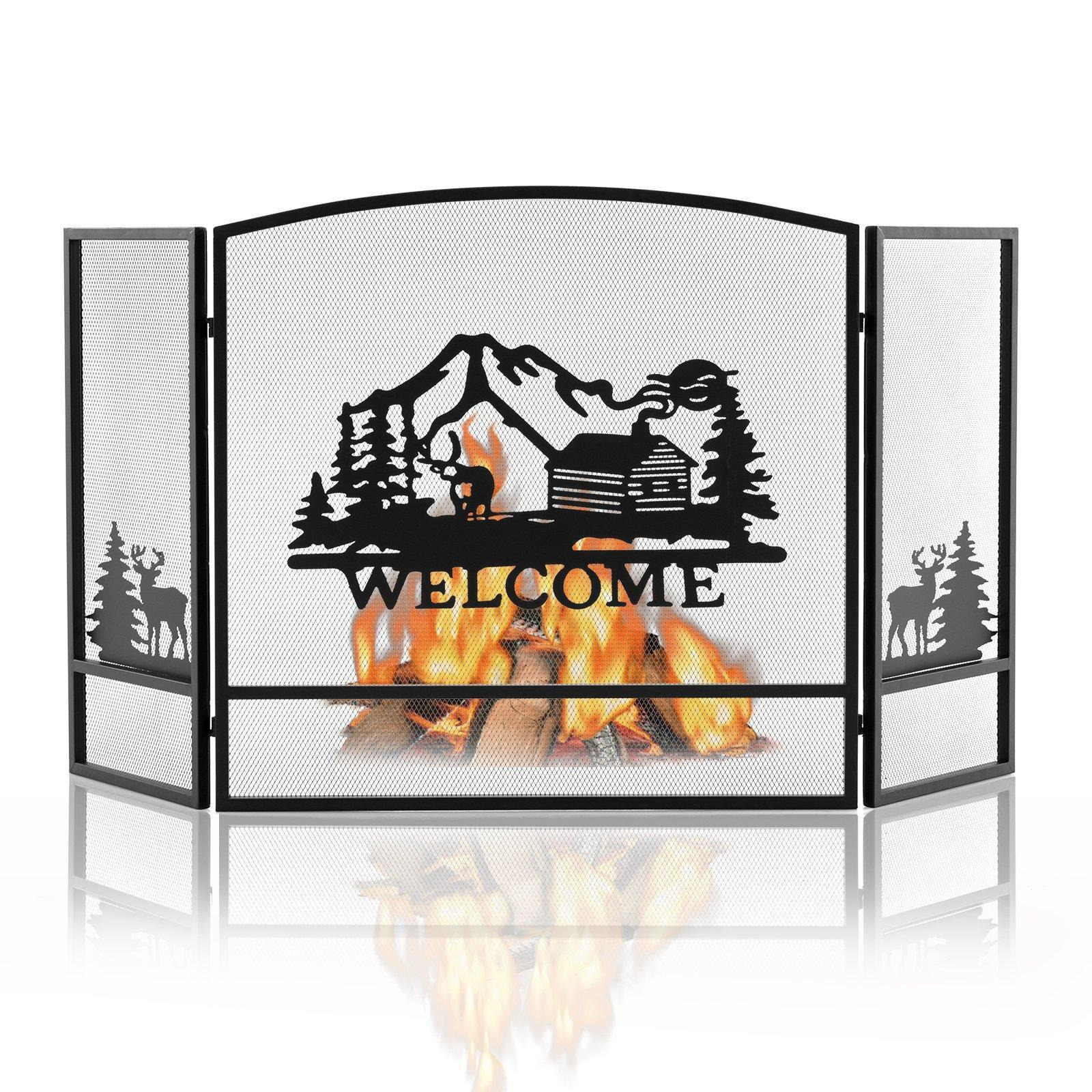 139 x 75 cm Fireplace Screen 3-Panel Folding Spark Guard w/ Natural Scenery & Moose Pattern - image 1