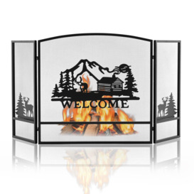 139 x 75 cm Fireplace Screen 3-Panel Folding Spark Guard w/ Natural Scenery & Moose Pattern - thumbnail 1