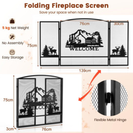 139 x 75 cm Fireplace Screen 3-Panel Folding Spark Guard w/ Natural Scenery & Moose Pattern - thumbnail 2