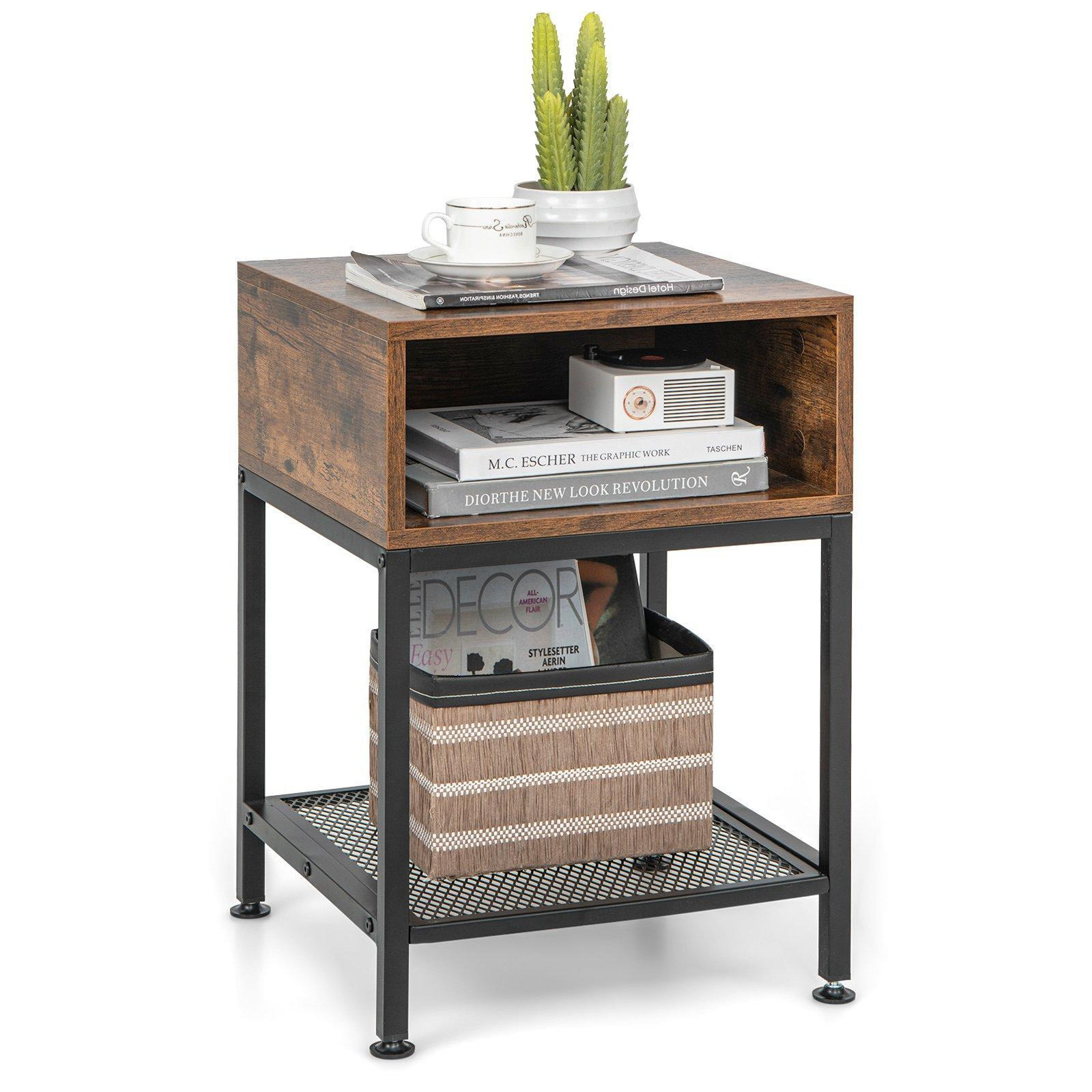 40cm Wood Top End Table w/ Metal Frame 3-tier Square Side Table w/ Storage Cube & Mesh Shelf - image 1