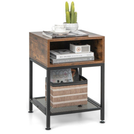 40cm Wood Top End Table w/ Metal Frame 3-tier Square Side Table w/ Storage Cube & Mesh Shelf - thumbnail 1