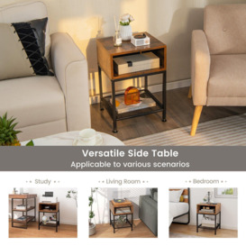 40cm Wood Top End Table w/ Metal Frame 3-tier Square Side Table w/ Storage Cube & Mesh Shelf - thumbnail 3