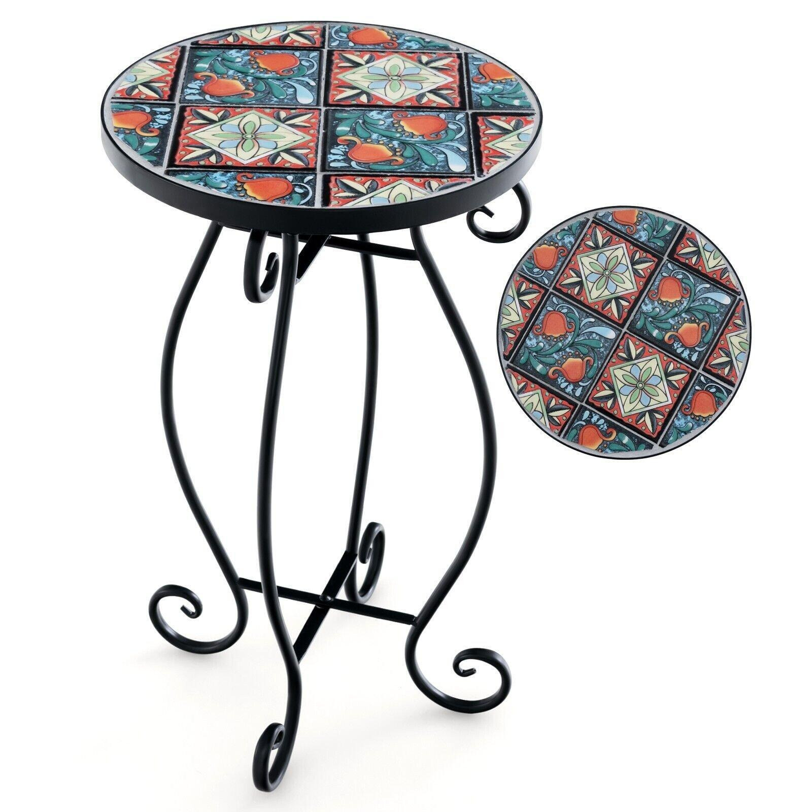 Mosaic Outdoor Side Table Round End Table Weather Resistant Ceramic Tabletop - image 1