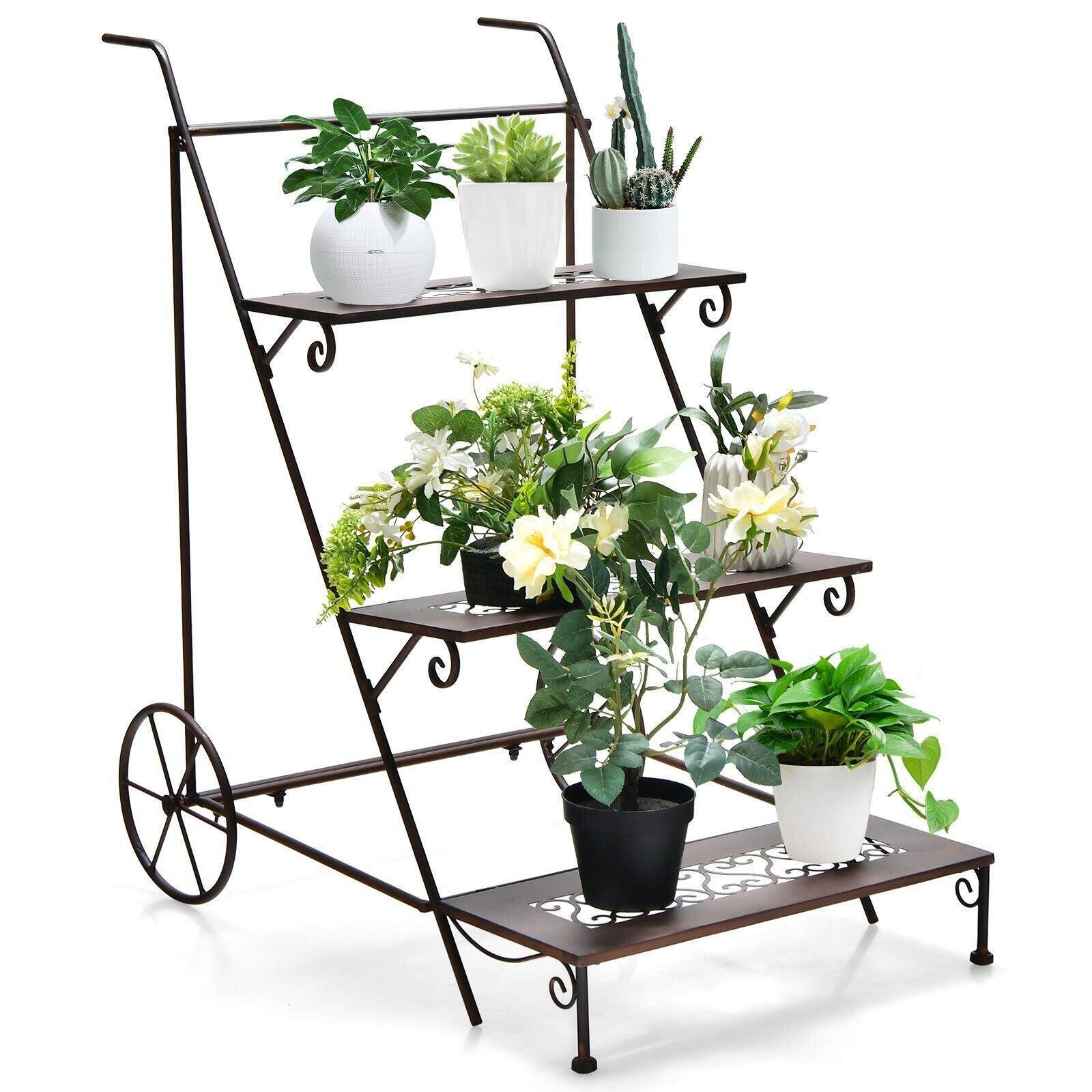 3-Tier Metal Plant Stand Ladder Shaped Flower Pot Holder Storage Rack w/ Wheels - image 1