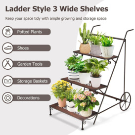 3-Tier Metal Plant Stand Ladder Shaped Flower Pot Holder Storage Rack w/ Wheels - thumbnail 3