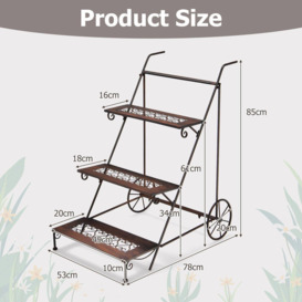 3-Tier Metal Plant Stand Ladder Shaped Flower Pot Holder Storage Rack w/ Wheels - thumbnail 2