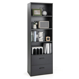 6-Tier Tall Bookshelf Wood Bookcase Organizer Display Storage Shelf W/ 2 Drawers