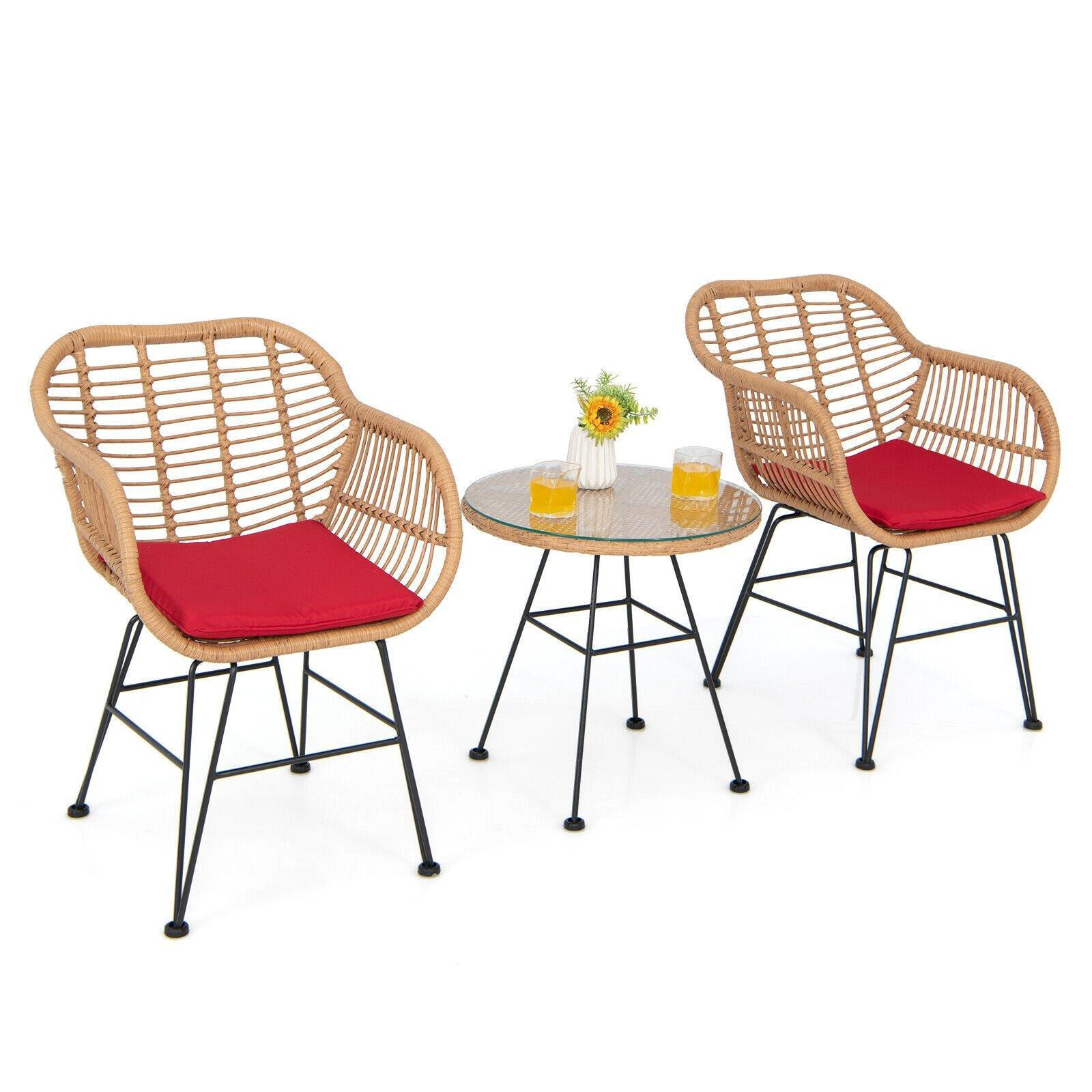 3 Pieces Patio Bistro Set Outdoor PE Rattan Armchairs w/Tempered Glass Table - image 1