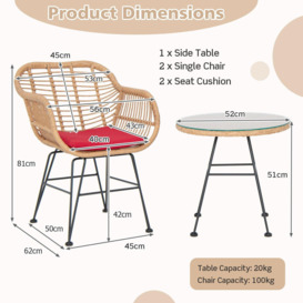 3 Pieces Patio Bistro Set Outdoor PE Rattan Armchairs w/Tempered Glass Table - thumbnail 2