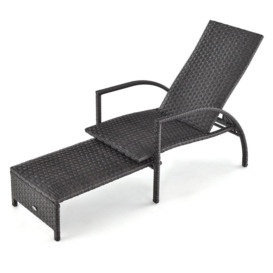 Outdoor Rattan Lounge Chair 5-Level Adjustable Chaise Lounger Wicker Recliner