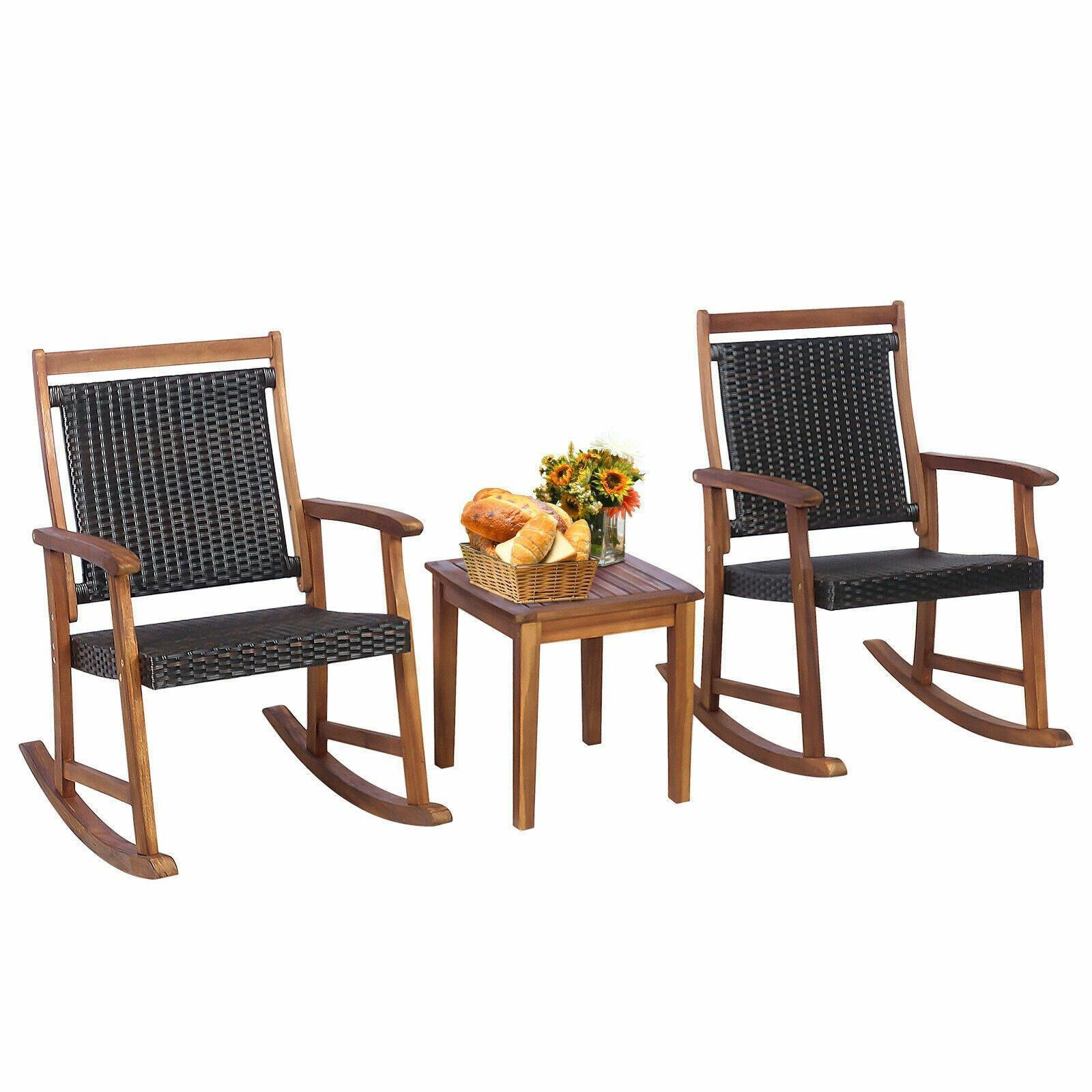 3 PCS Rocking Table Chairs Set, Solid Wood High Back Bistro Set, Outdoor Relax Rocker Conversation Set for Garden Patio Poolside - image 1