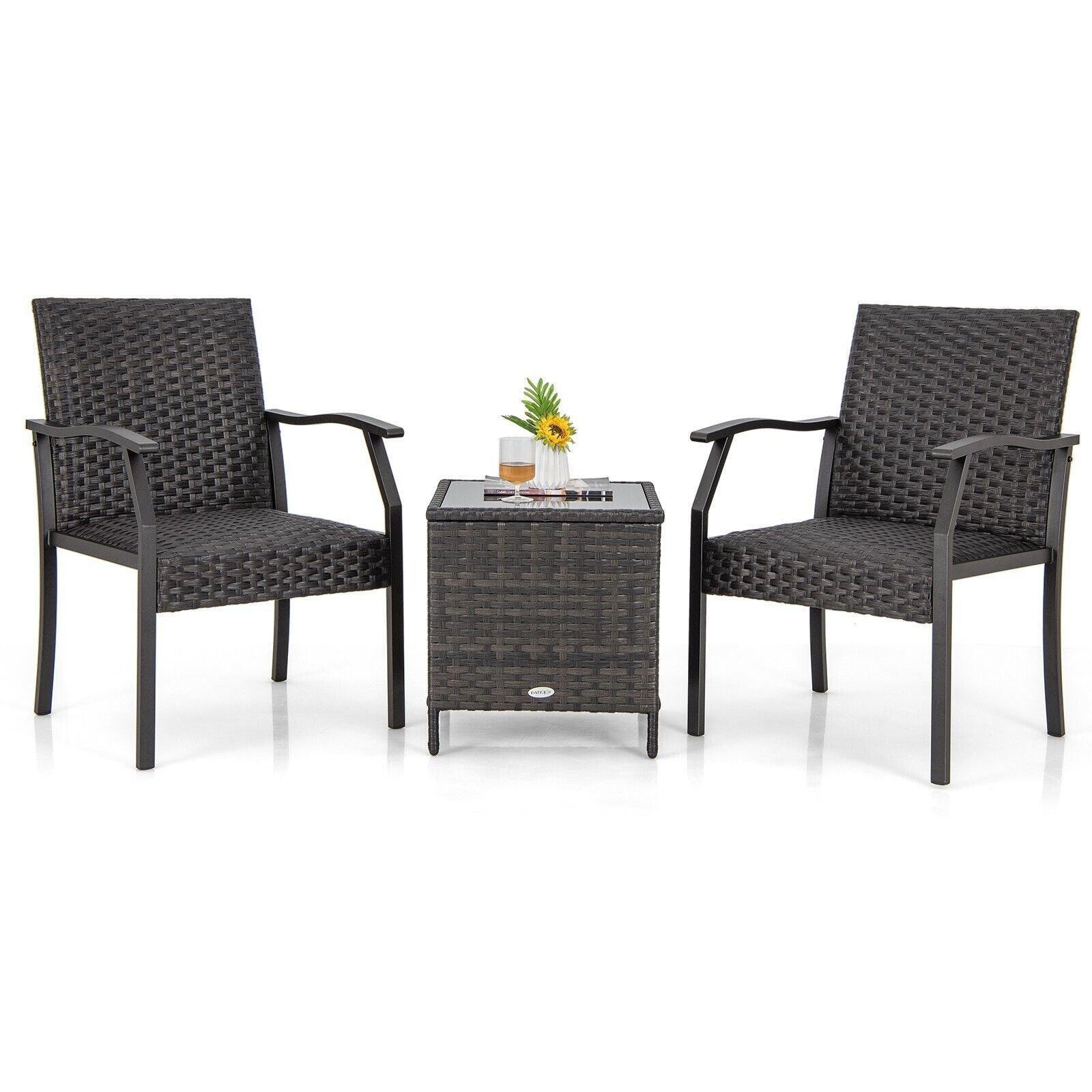 3 Piece Patio Wicker Chair Set Outdoor Rattan Conversation Set w/ Padded Seat - image 1