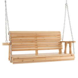 Outdoor Porch Hanging Swing Chair Wooden Garden Swing Bench W/ Cup Holders