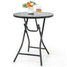 Folding Round Patio Bistro Table Tempered Glass Tabletop Outdoor Cocktail Table - thumbnail 1