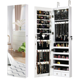 Wall-mounted Jewelry Storage Cabinet Door Hanging Jewelry Armoire w/ Full Mirror