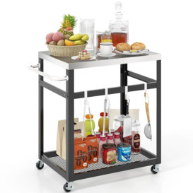 2-tier Outdoor Grill Cart on Wheels Pizza Oven Stand Trolley