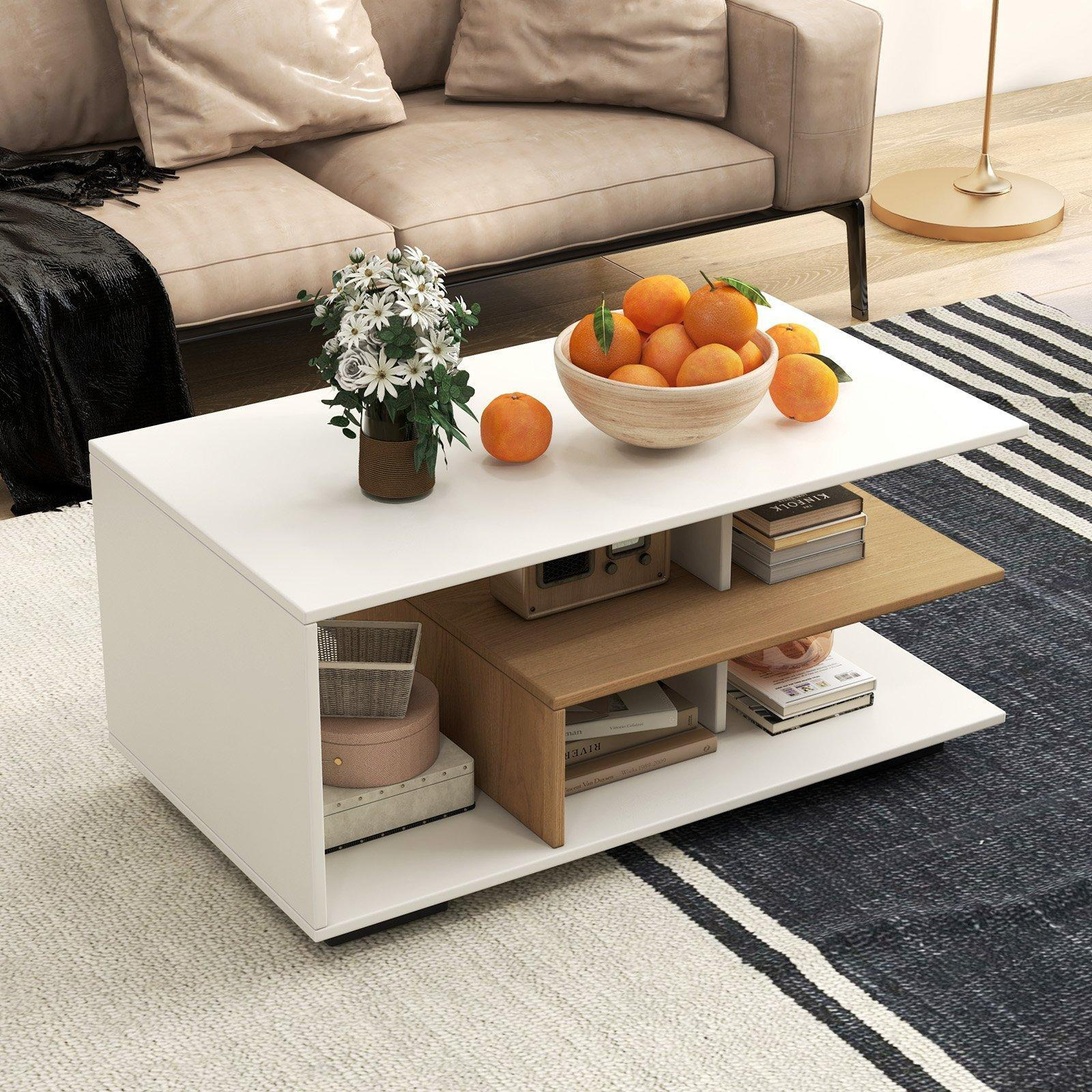 Modern Rectangular Center Table Wooden Coffee Table w/ L-shaped Middle Shelf - image 1