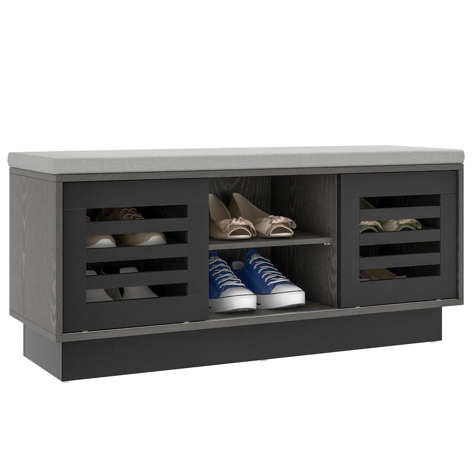 Shoe Rack Storage Bench Organizer W/Cushion Adjustable Shelf Slide Door Grey - image 1